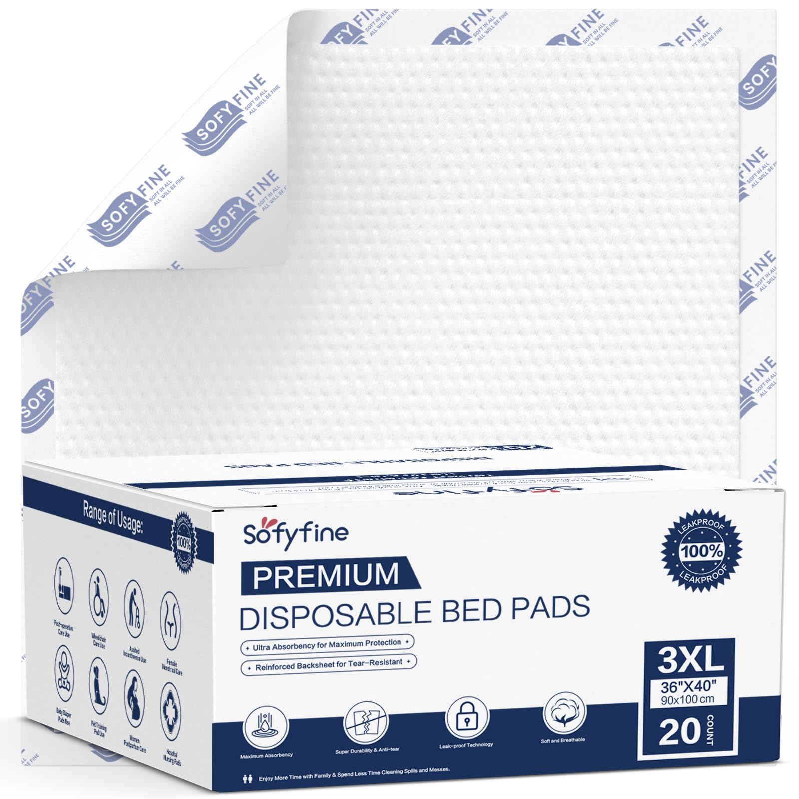 Photo 1 of SOFYFINE 150 Gram Heavy Duty Chucks 40"x36" Disposable Tear Resistant Adult Incontinence Bed Pads,3XL Extra Large Thicken Puppy Pee Pad,10X Super Absorbency 360 Lb Transfer[20 Pads]