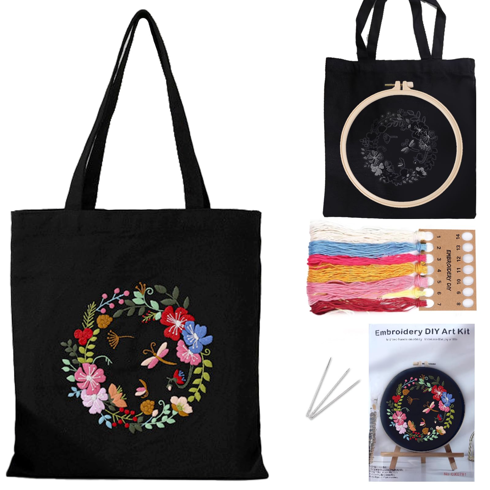 DKDDSSS Canvas Tote Bag Embroidery Kit with Pattern for Beginners, Embroidery Kits for Adults Beginners, Include Instructions, Embroidery Hoops and Canvas Bag with Pattern for Beginners(Black)