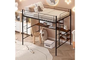 RELASIA Loft Bed Frame with Desk, Full Metal Loft Bed with Stairs & Full-Length Guardrail, 4 Storage Shelves, Noise-Free, Space-Saving, No Box Spring Needed, for Juniors&Adults