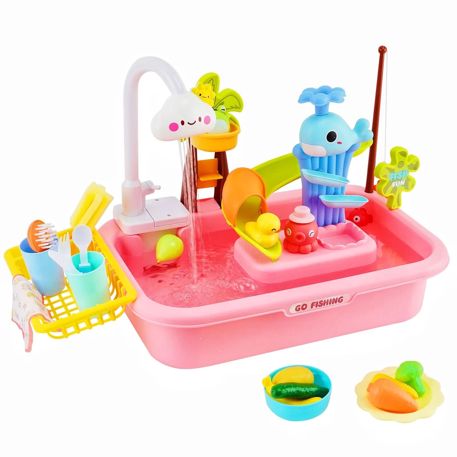 3 in 1 Play Sink with Running Water for Toddler with Electric Faucet,Automatic Water Cycle System with Track & Fishing Game,Pretend Role Play Toys Set,Mini Kitchen Toys for Boys Girls (pink)