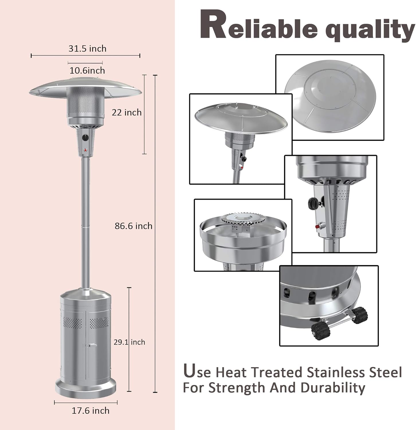 Gas Patio Heater with Wheels，48,000 BTU of outdoor heaters for patio propane for Commercial and Household Use，Stainless Steel Outdoor Propane Heater ,with CSA Certified for Garden: Kitchen & Dining