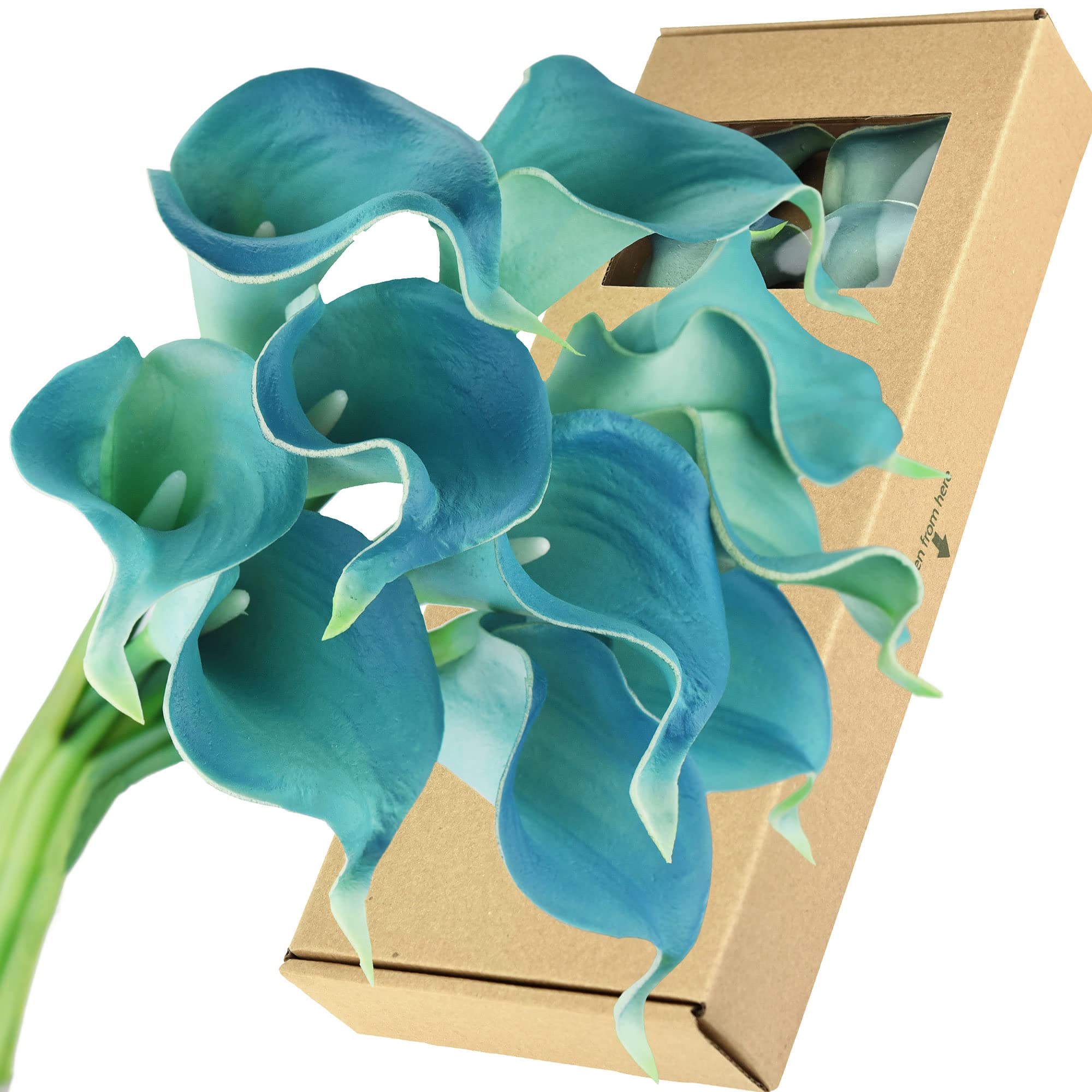 FiveSeasonStuff 10 Stems of Real Touch Calla Lilies Artificial Flower Bouquet, Perfect for Wedding, Bridal, Party, Home Office Décor DIY (Jade Blue)