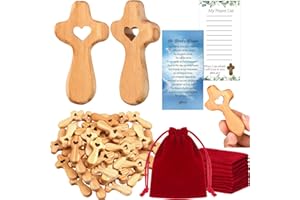 Bucherry Olive Wood Cross My Heart Small Pocket Crosses with Cotton Linen Bags and Prayer Cards Caring Jesus Holding Hand Crosses Bulk for Baptism First Communion Gifts(50 Set,Dark,2.36 Inches)