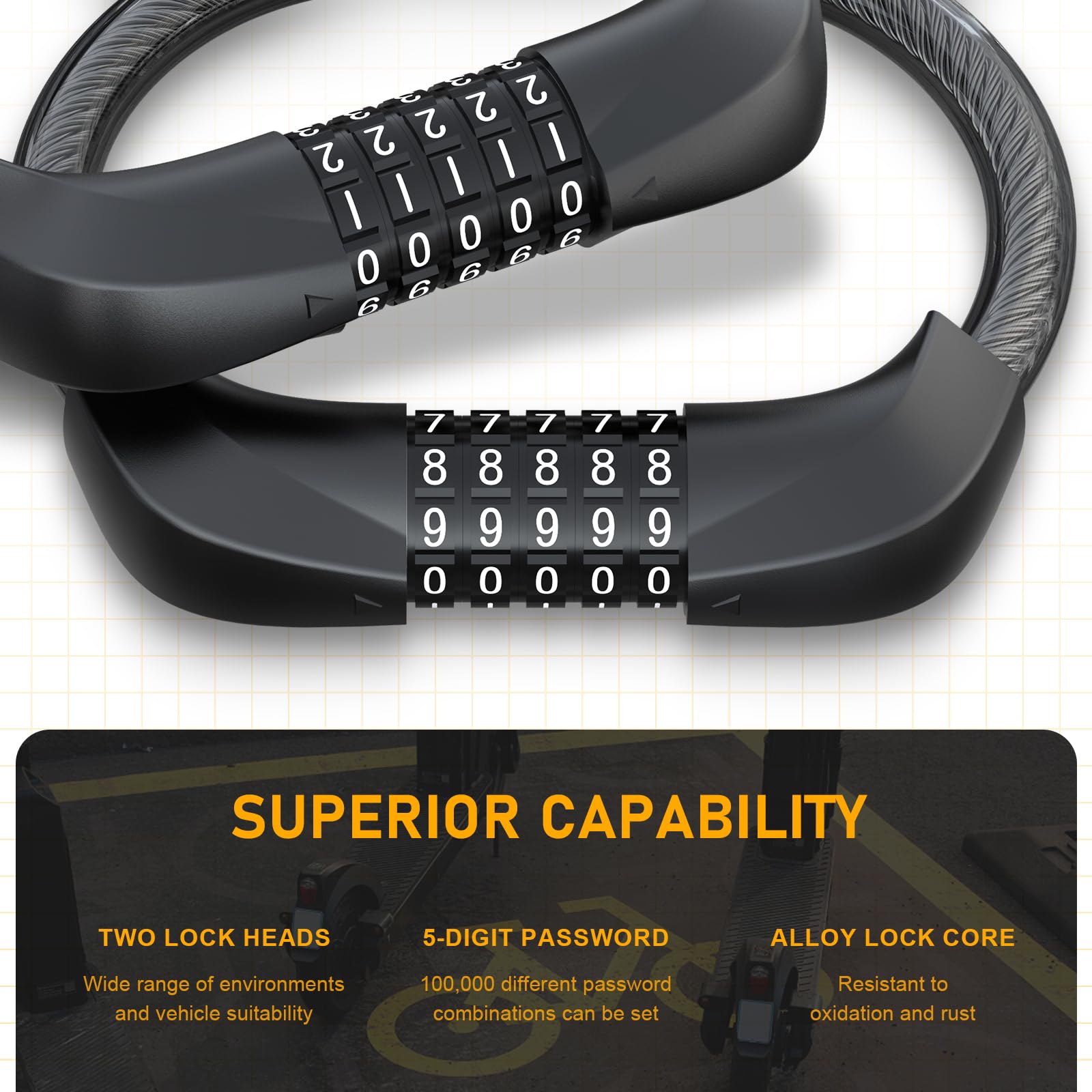 Honszex E Scooter Schloss, 5-stellig Kabel Schloss für E Scooter/Roller, Handschellenschloss, Zahlenschloss-Doppelschloss, Fahrradschloss, 105cm x 12mm, E Scooter Zubehör 3