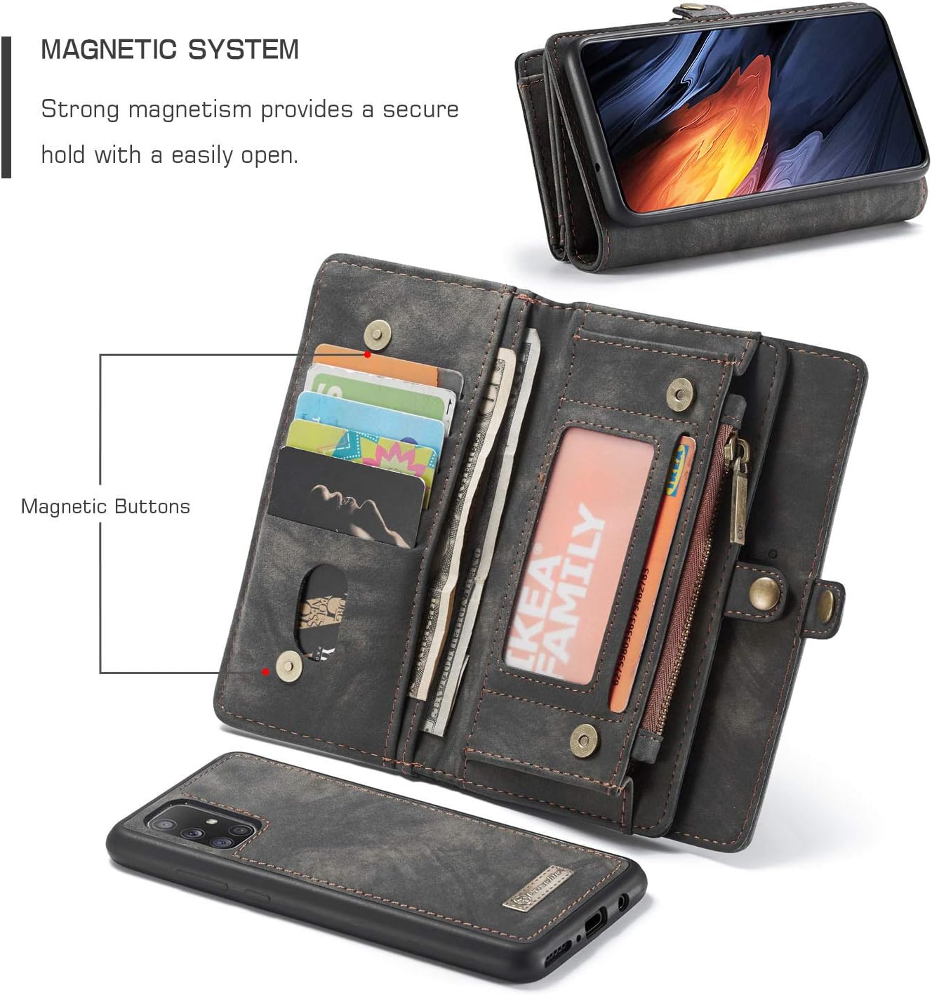 ANROD Detachable Leather Wallet Case for Samsung Galaxy A71,CaseMe Magnetic Closure 2-in-1 Flip TPU Shockproof Zipper Purse Back Cover with Card Slots (Black) - Image 5