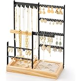 DreamGenius Jewelry Organizer Stand with 132 Holes for Earrings, Black | 4 Tier Jewelry Holder Organizer with Velvet Ring Holder and 11 Hooks for Necklaces
