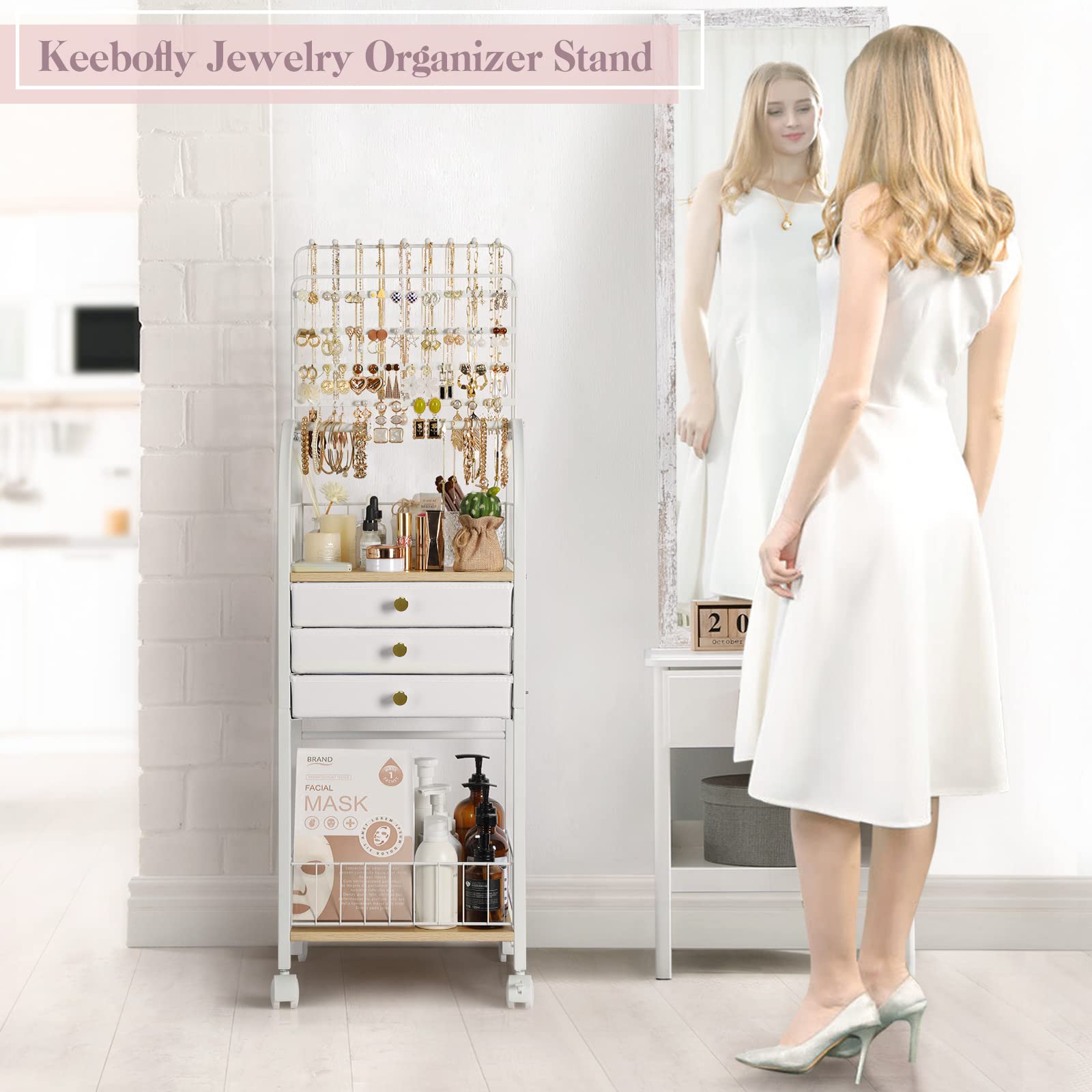 Keebofly Keebofly Large Jewelry Organizer Stand with 3 Box Drawer - Necklace Organizer Earring Storage Armoire Holder with Display for Earring Necklace Ring Bracelet