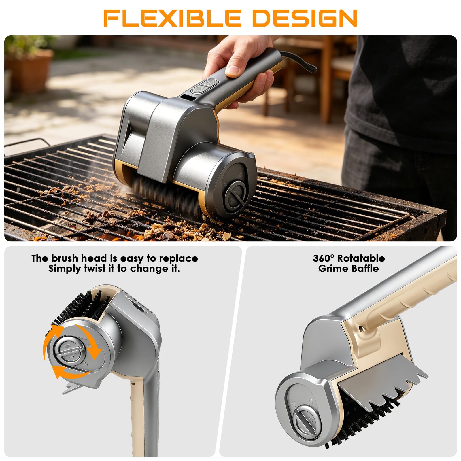 Elektrische Grillbürste, Kabelloser BBQ Grillreiniger, mit LED-Leuchten,140 Min Laufzeit,2 Gänge,3 Köpfen,wasserdicht & hitzebeständig, Grillbürste für Gusseisen, Edelstahl & Holzkohlegrills 2