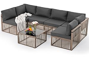 Pamapic 7 Pieces Outdoor Sectional Set, All-Weather PE Rattan Patio Conversation Set, Wicker Adjustable Patio Furniture Set with Washable Cushions Covers and Coffee Table, Brown Rattan, Gray Cushion