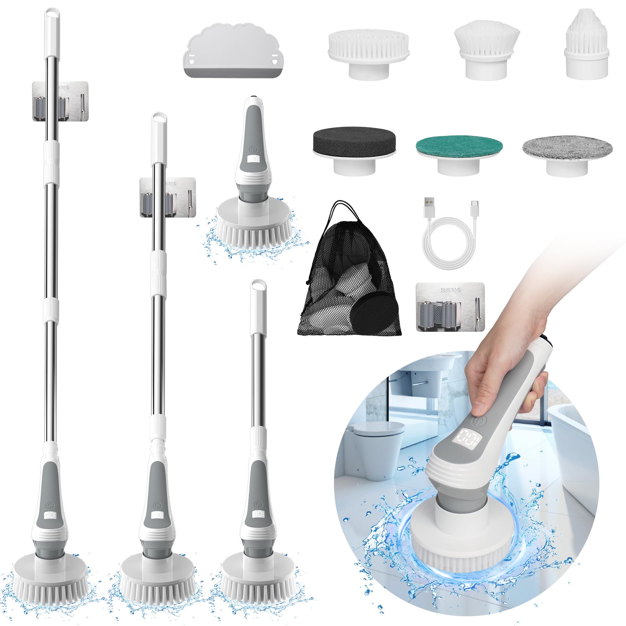 RealPlus Electric Spin Scrubber,2024 Upgraded Electric Scrubber for Cleaning, Cordless Electric Cleaning Brush with 6 Replaceable Brush Heads and Adjustable Extension Handle, For Bathroom, Floor