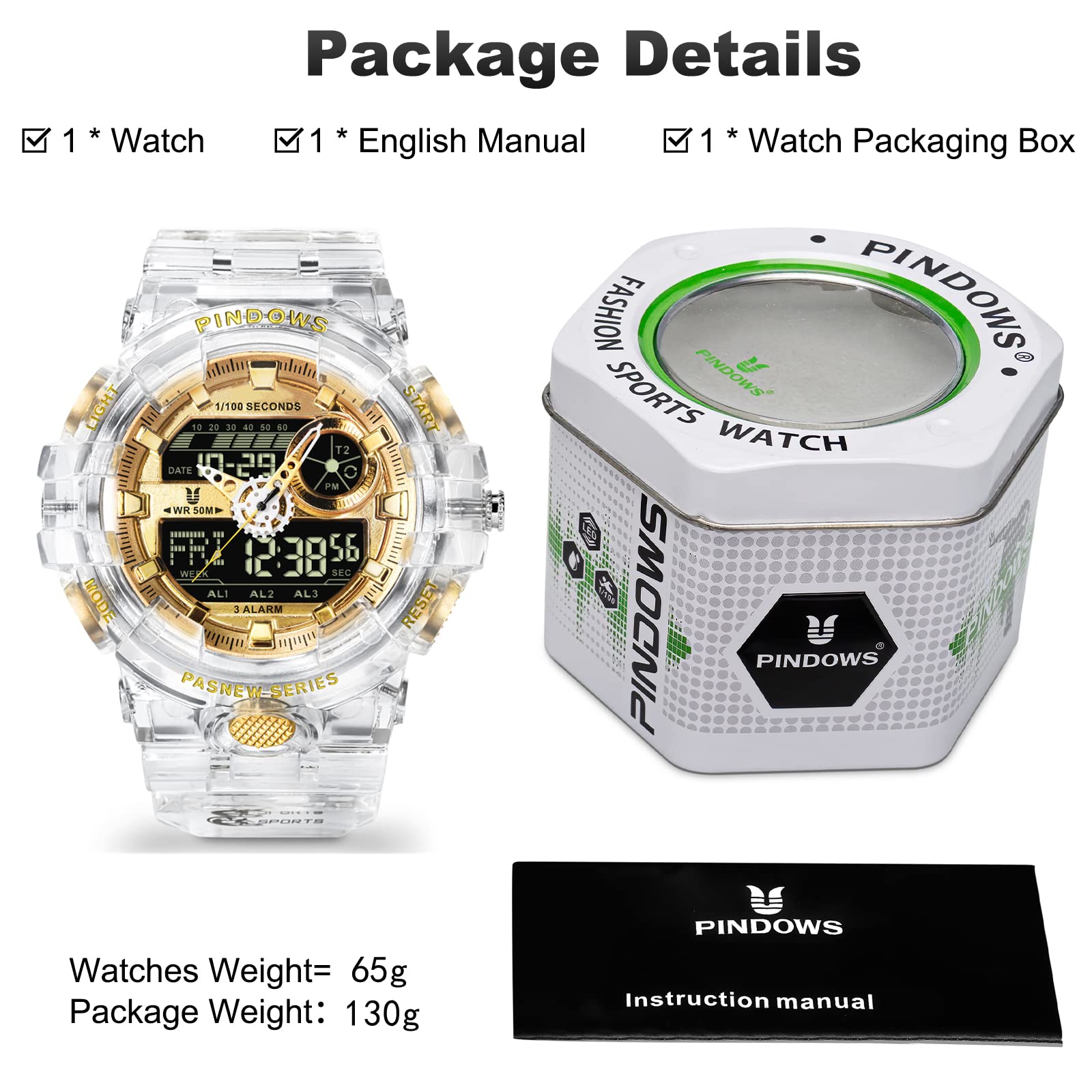 Mens Watch for Men Digital Sport Watch Transparent Gold Watches Waterproof Watches with 3 Alarms/Countdown/Stopwatch/Digital-Analog/Dual Time/Light/Military Multifunctional Wrist Watch