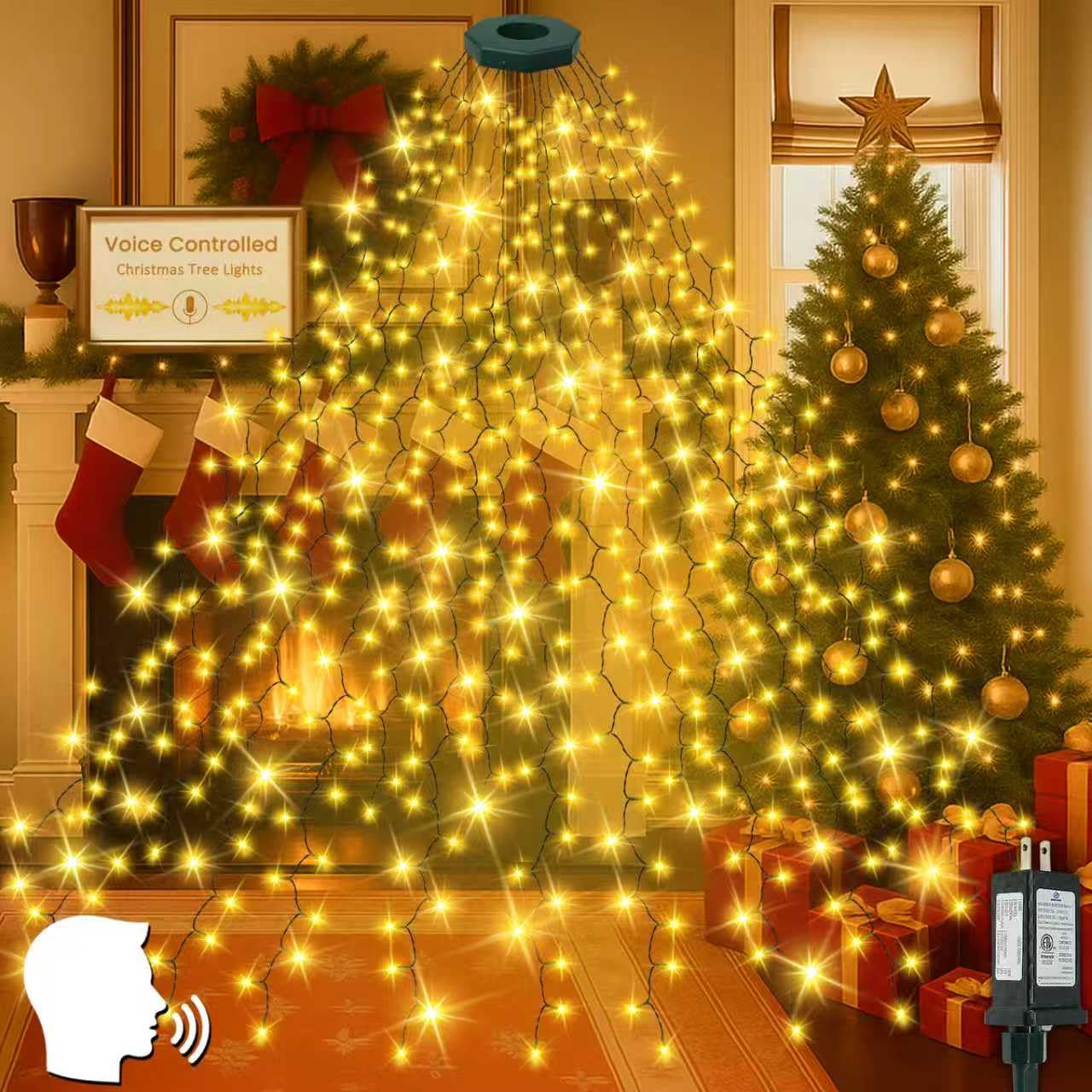 Photo 1 of 2025 New Christmas Tree Lights with Voice Control Outdoor/Indoor, 480LED 8FT 16 Lines Cascading Twinkle Lights Green Wire,12 Modes & Timer, Waterproof Waterfall Lights for Xmas Decor (Warm White)