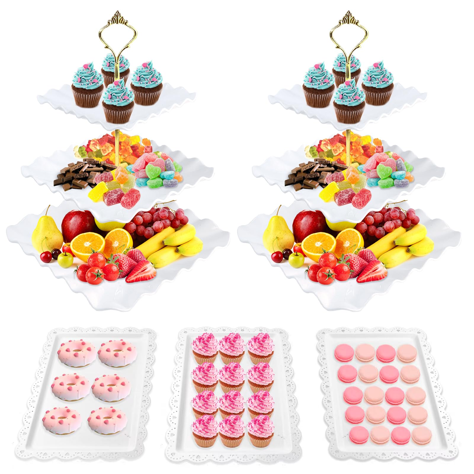Photo 1 of 5 Pcs Cupcake Stand Set-Dessert Table Display Set with 2xlarge 3-Tier Cupcake Stands + 3X Appetizer Trays Perfect (Wave)