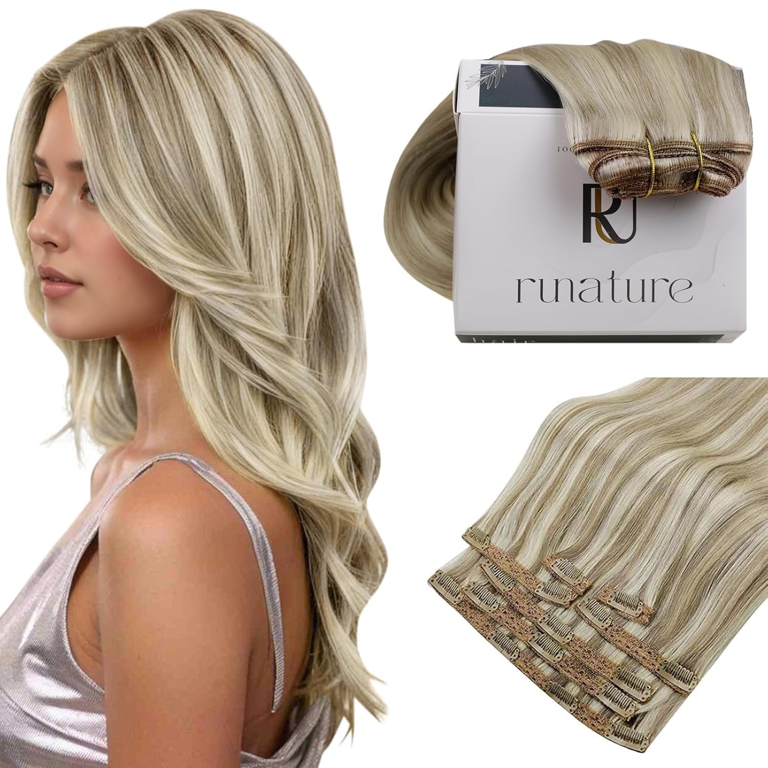 RUNATURE Clip in Hair Extensions Human Hair Blonde Highlight Brown Clip in Extensions Real Human Hair Blonde Clip in Hair Extensions Real Human Hair 12 Inch 80 Gram 7pcs