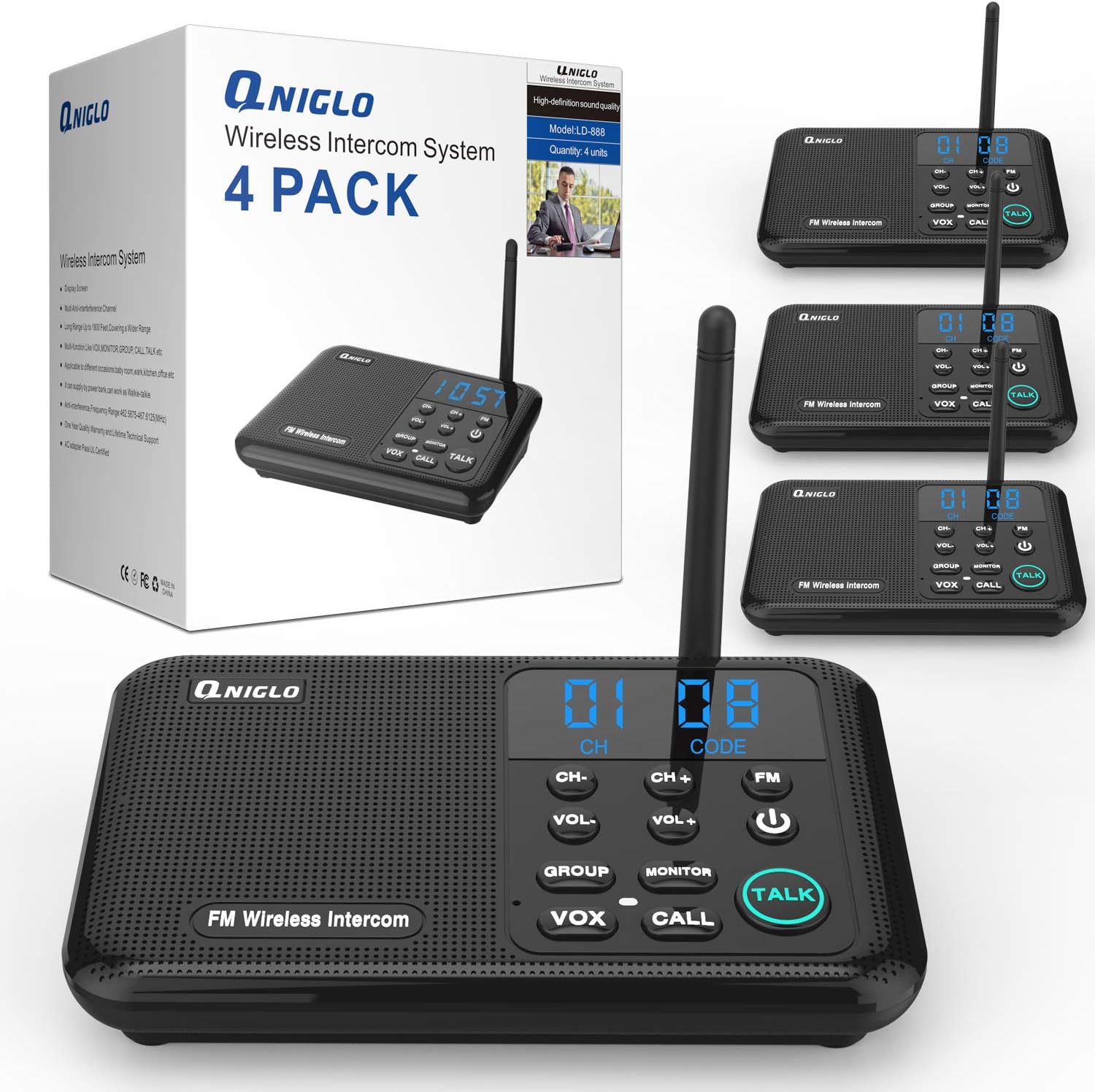 QNIGLO Wireless Intercoms Systems Long Range 0-22 Channel Wireless Intercoms for Home Office Business with Display Screen (2018,Upgraded Version,4 PCS)