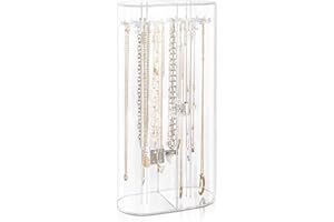 JENSEITS Acrylic Necklace Holder, Clear Necklace Organizer with 24 Hooks, Dustproof Rotation Jewelry Storage Holder Stand, Long Necklaces Pendant Bracelets Display Case for Dresser Bathroom Vanity Countertop