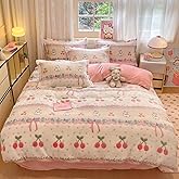 KASBLUEL 3Pcs Bedding Sets, Pink Cherry Rabbit Duvet Cover Queen, Aesthetic Comforter Covers Full Size, Ultra Fluffy Blanket Cute Kawaii Bed Set for Toddler Teen Kids Girls Women Cottage Core Decor