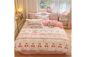 KASBLUEL Twin Duvet Cover, Pink Cherry Bunnies Zipper Bedding Sets, Aesthetic Comforter Cover, Ultra Soft Fluffy Blanket Cute Kawaii Bed Set for Toddler Teen Kids Girls Women Cottagecore Decor