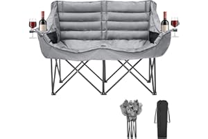 Ytaoeo Double Camping Chair for Adults, 2 Person Loveseat Camping Chair with Cup & Wine Glass Holder, Portable Padded Double Folding Chair for Outdoor Camp Lawn Picnic Sports, Support 600LBS (Grey)