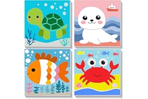 TOSTOG 4 Pack Paint by Number for Kids with Wooden Frame, DIY Cute Sea Animals Paint by Numbers for Kids Ages 4-8, Acrylic Oil Painting Kits Easy Paint by Number for Gift Home Wall Decor 8in X 8in