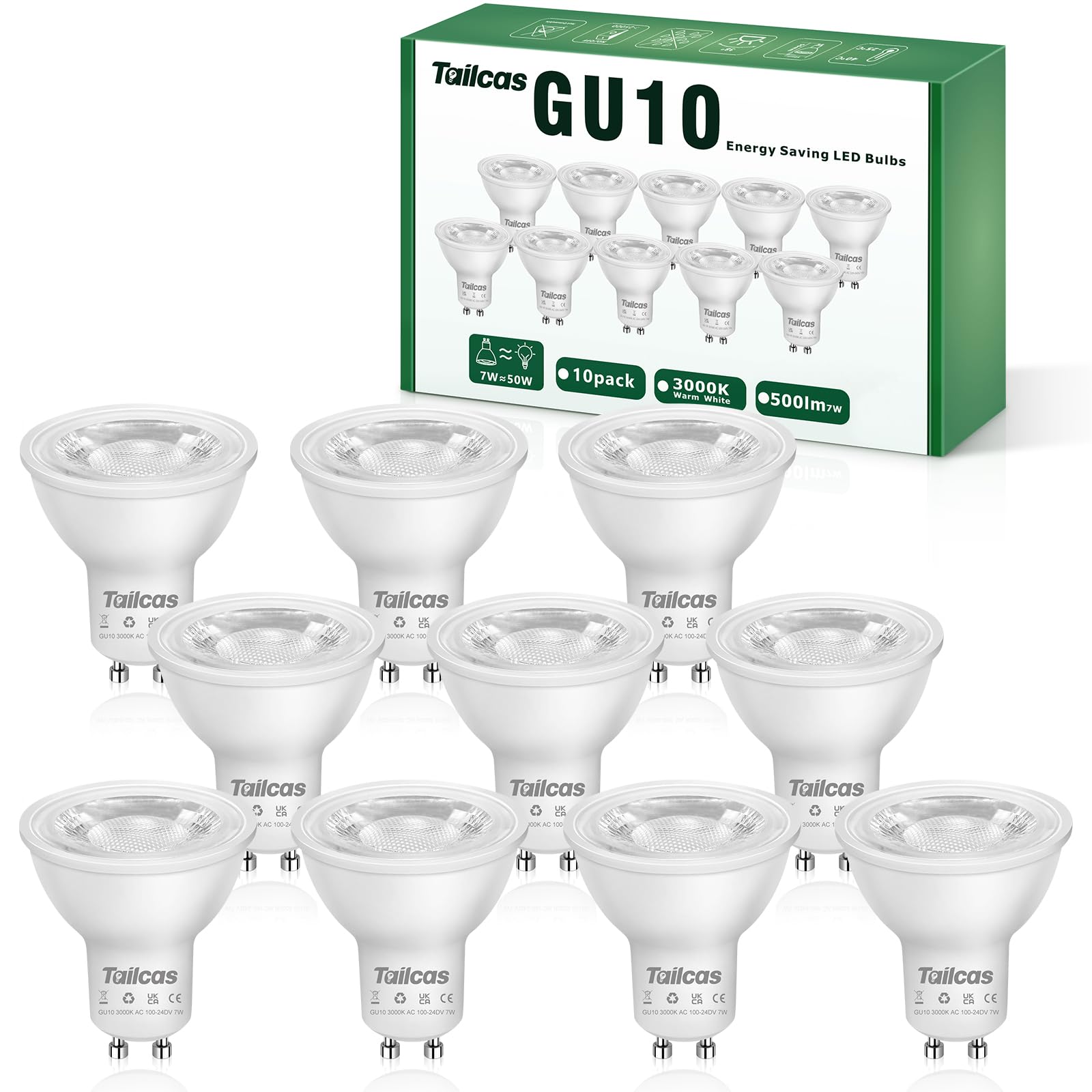7W GU10 Led Bulbs Warm White, 3000K Spotlight Bulb, 50W Halogen Light Equivalent, 7W 500LM 38° Beam Angle No Flickering Non-dimmable 220-240V Lighting for Kitchens, Bedrooms, Hallways, Pack of 10