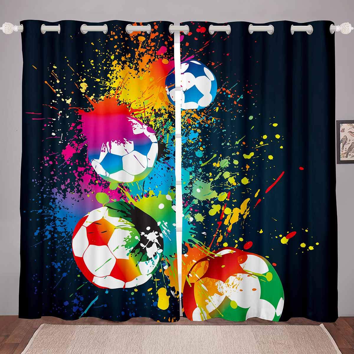 Boys Window Curtains for Bedroom Living Room For Kids Sports Themed Balls Curtains Football Window Drapes Teens Soccer Ball Games Window Treatments, Ultra Soft Home DecorW46*L54