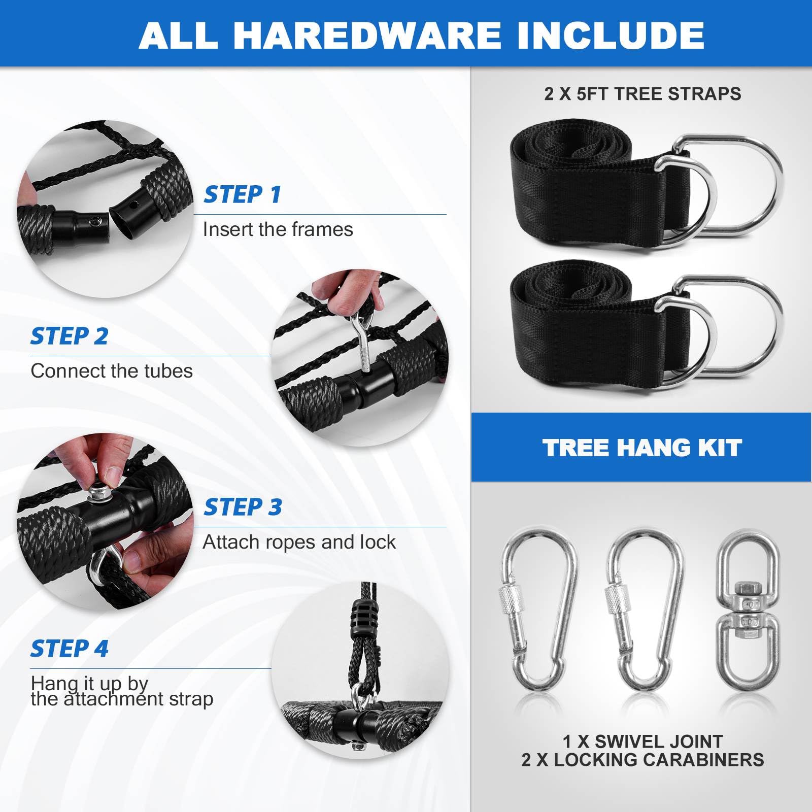 Odoland Spider Web Tree Swing for Kids and Adult, Outdoor Saucer Net Round Swing with Steel Frame and 2 Hanging Straps and Turnbuckle - 43in Large Platform for Backyard Park Travel