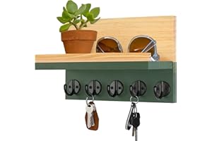 Gurfuy Key Holder for Wall with Shelf - Square Wood Mail Organizer and Rack with Shelf Hooks Wall Mounted for Entryway Decor Magazines Letter Storage Farmhouse Living Room Bedroom Doorway Green