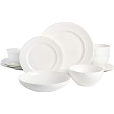 Gibson Elite Embossed Bone China 16-Piece Double Bowl Dinnerware Set, Service for 4 &ndash; White Elegant Plates and Bowls