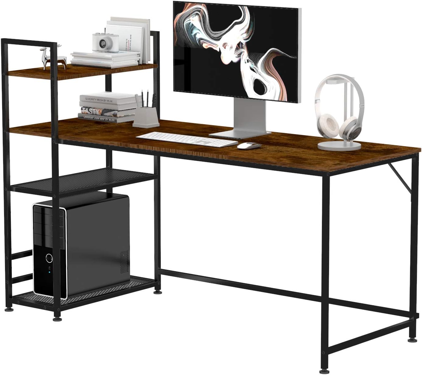 HOMIDEC Desk, 160x60cm Computer Desk with Bookshelf, Study Desk with 4 Tier DIY Storage Shelves Writing Table for Home Office Bedroom