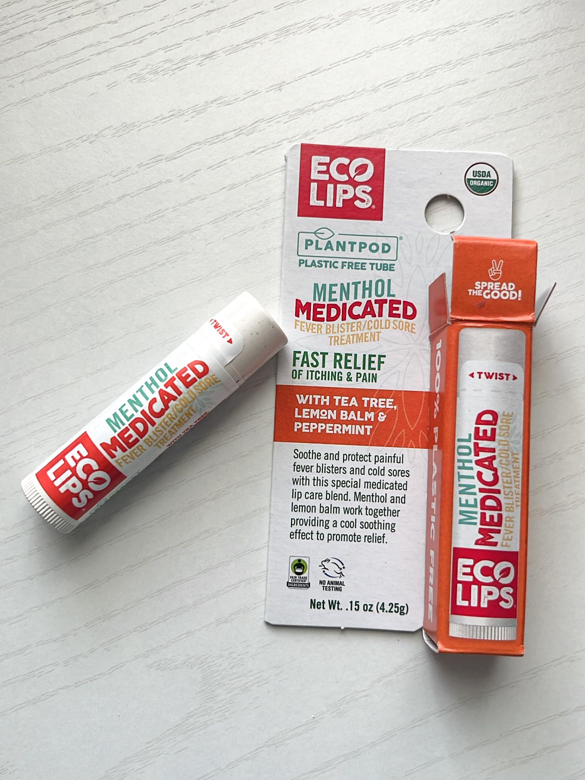 Eco Lips Certified Organic Medicated Lip Balm for Cold Sores & Fever Blisters with Menthol, Tea Tree and Lemon Balm 2 pack by Eco Lips 100% Natural. Made in USA