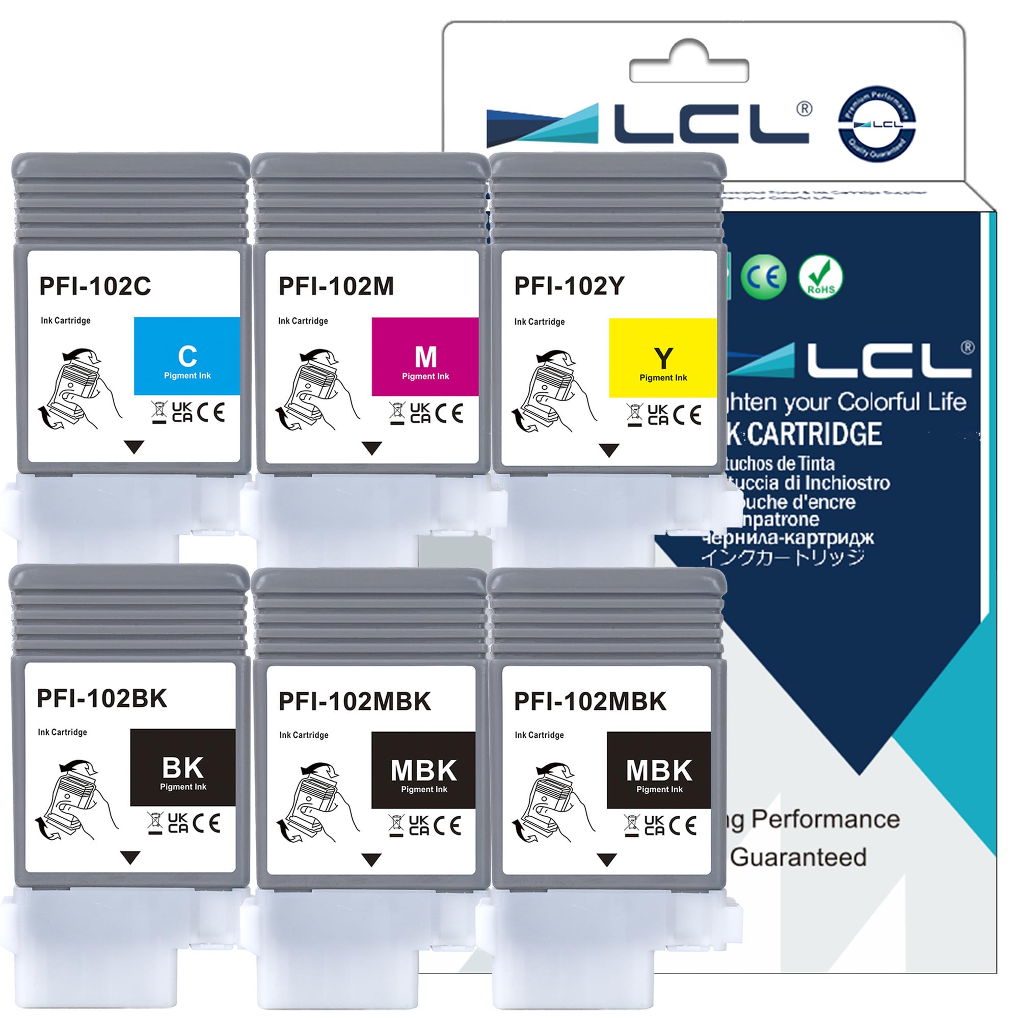 LCL Compatible Ink Cartridge PFI102 PFI-102 PFI-102MBK PFI-102BK PFI-102C PFI-102M PFI-102Y Replacement for Canon imagePROGRAF iPF500 iPF510 iPF600 iPF605 iPF610 iPF650 iPF700 iPF750 iPF760 (6PK)