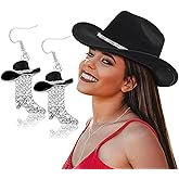Aswitnove Cowboy Hat Rhinestone Cowgirl Boots Earrings Set Western Earring Felt Fedora Jazz Hat Rodeo Outfit for Women Size M
