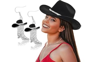 Aswitnove Cowboy Hat Rhinestone Cowgirl Boots Earrings Set Western Earring Felt Fedora Jazz Hat Rodeo Outfit for Women Size M