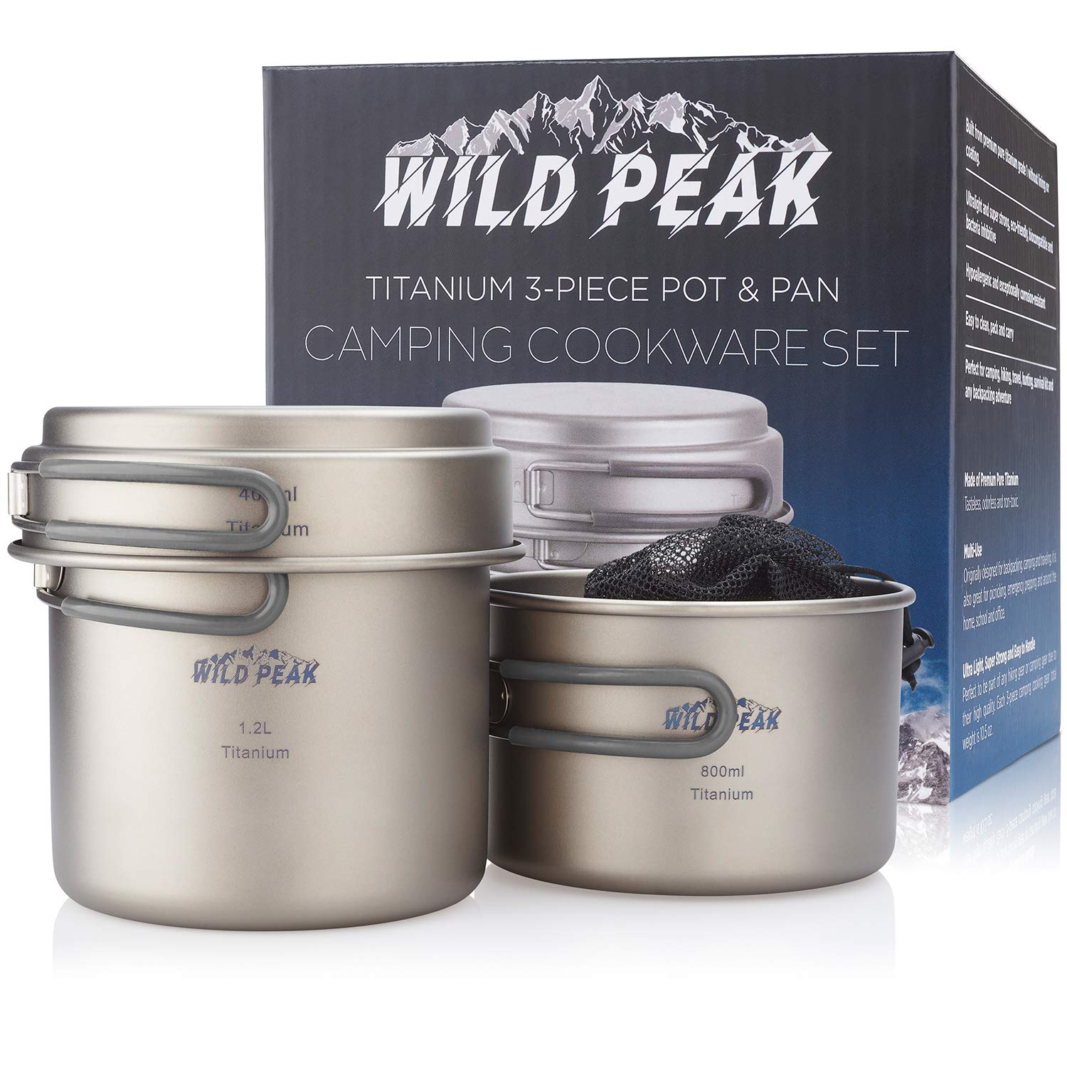 Wild Peak Titanium Lightweight 3Piece (1.2L, 800ml, 400ml) Pot and Pan