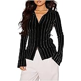 SweatyRocks Women's Button Down Striped Shirts Slim Fit Collared Shirts Bell Sleeve Work Office Tops