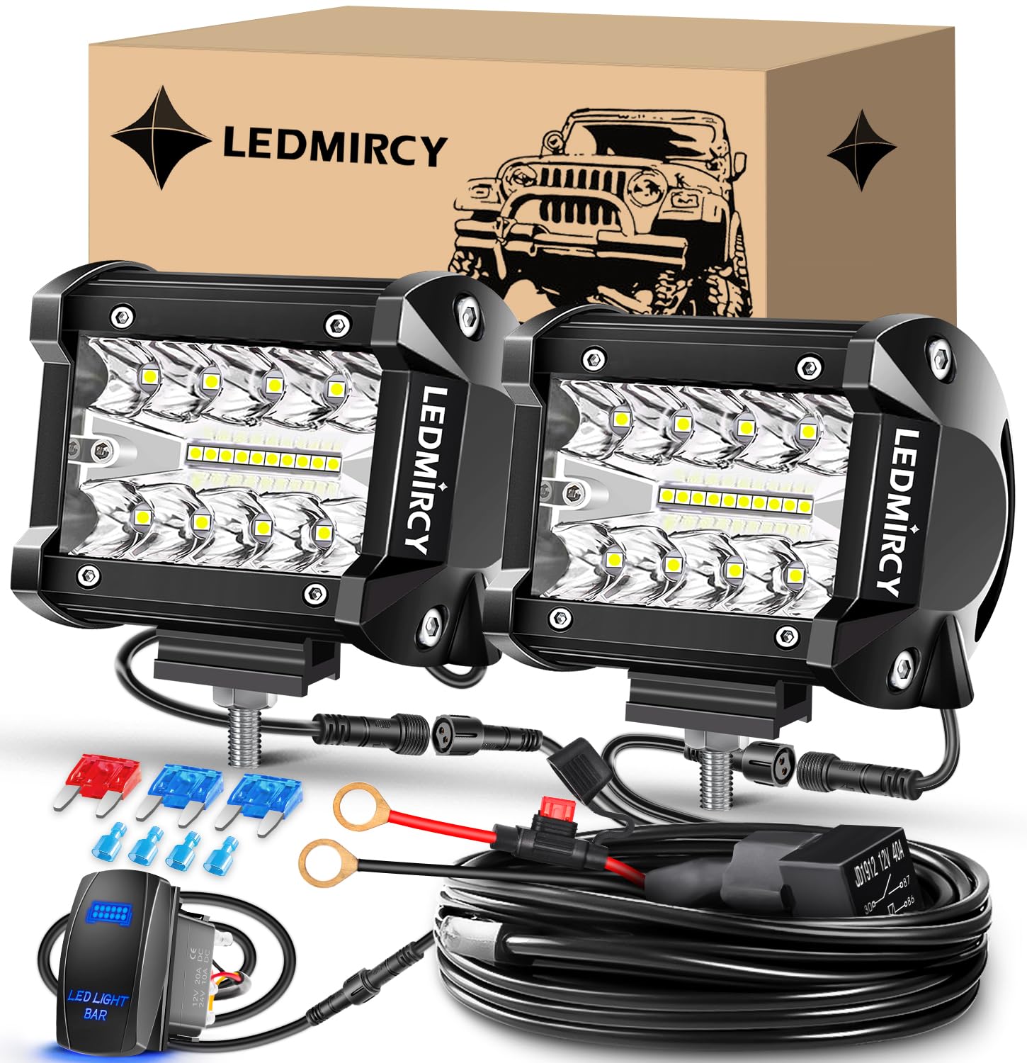 Photo 1 of LED Pod Lights,LEDMIRCY 4 Inch Light Bar Kit with Rocker Switch Wiring Harness Light Pods Offroad Lights Waterproof Fog/Driving Automotive Light Bars for Trucks ATV UTV SUV Golf Cart Excavator