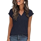 Jouica Women's Short Sleeve Dressy Tops V-Neck Textured Tops Cute Summer Tops 2025 Basic T-Shirts Work Blouses