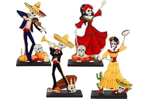 Strdfeve 4 Pieces Day of The Dead Table Top Decorations Wooden Halloween Sign for Mexican Fiesta Decorations,Dia De Los Muertos Centerpieces for Table