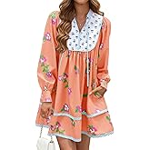 MAOECO Womens Floral Mini Dress V Neck Long Sleeve Patchwork Loose Babydoll Boho Flowy Short Shift Shirt Dresses