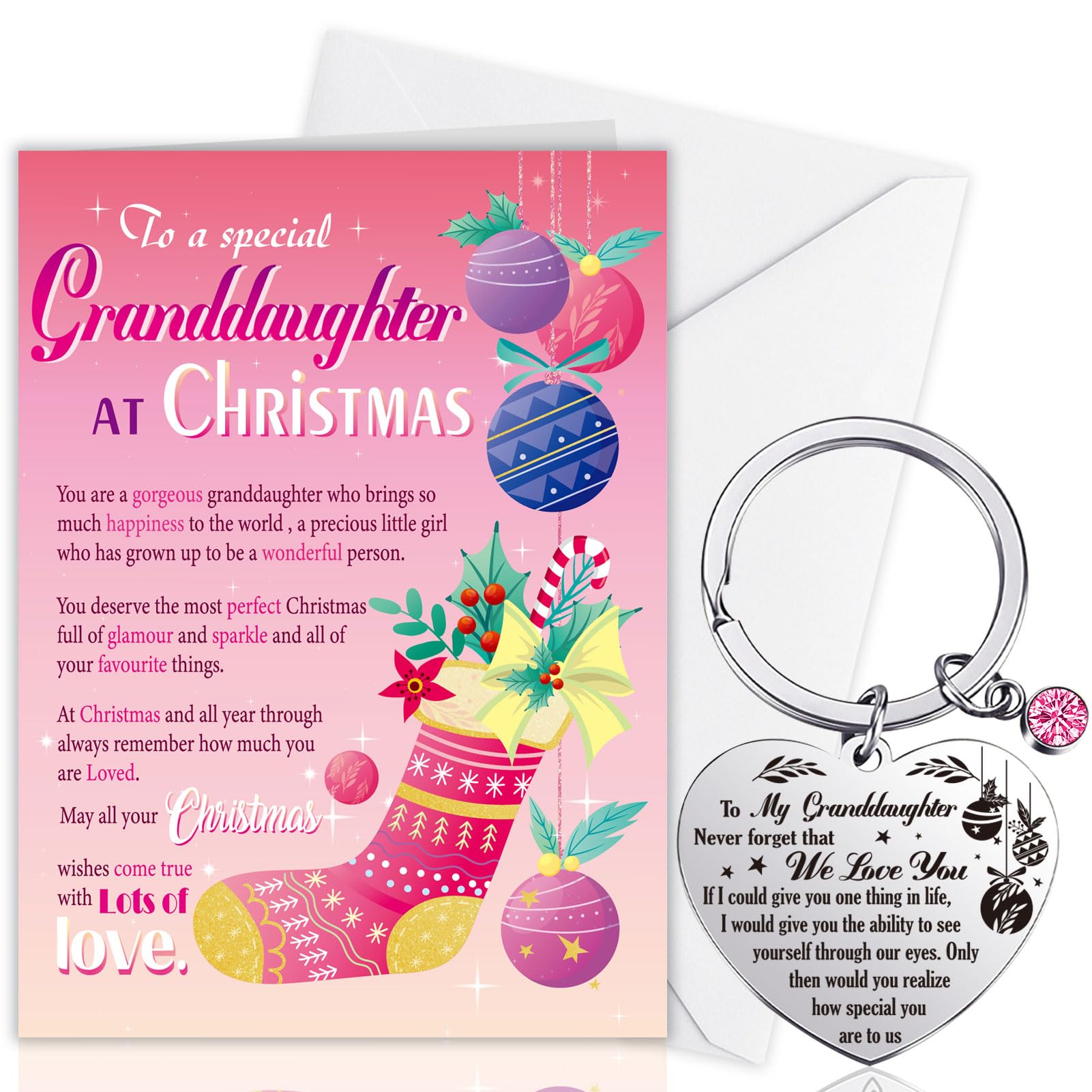 HOWAF Granddaughter Christmas Card, Xmas Card Granddaughter Gifts & Keyring, Gifts for Christmas from Grandma Grandad