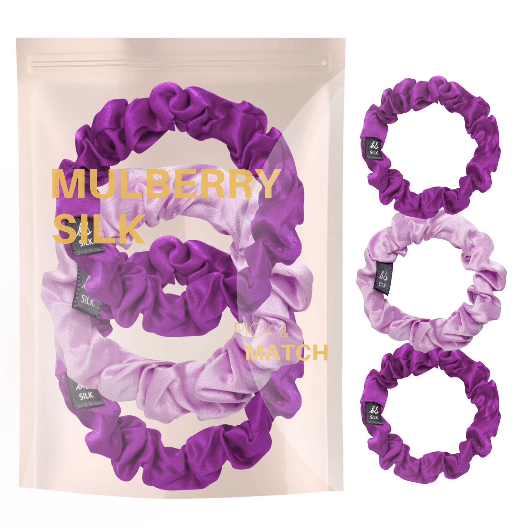 Basic Sense 3 PCS Pure Mulberry Silk Scrunchies for Women | Skinny Elastic Hair Ties | Gentle Hair Bands & Ponytail Holders, Purple Tone Assort — image 1