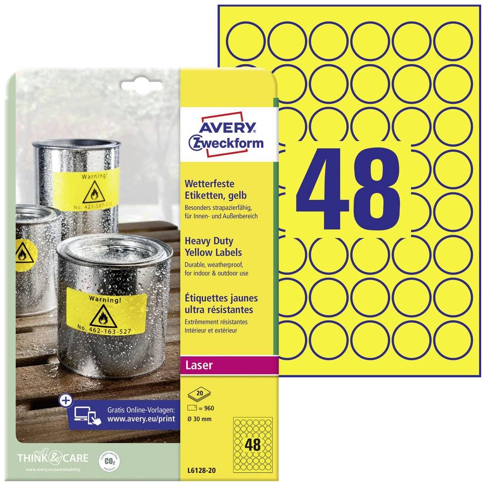 Avery Zweckform L 6128–20 Weatherproof Film Labels Diameter 30 MM 20 Sheets 960 Labels Yellow