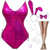 Womens Bunny Costume Girl Bodysuit Holographic Shining Suit Sparkle Costume Senpai Cosplay Bodysuit One Piece stockings Set