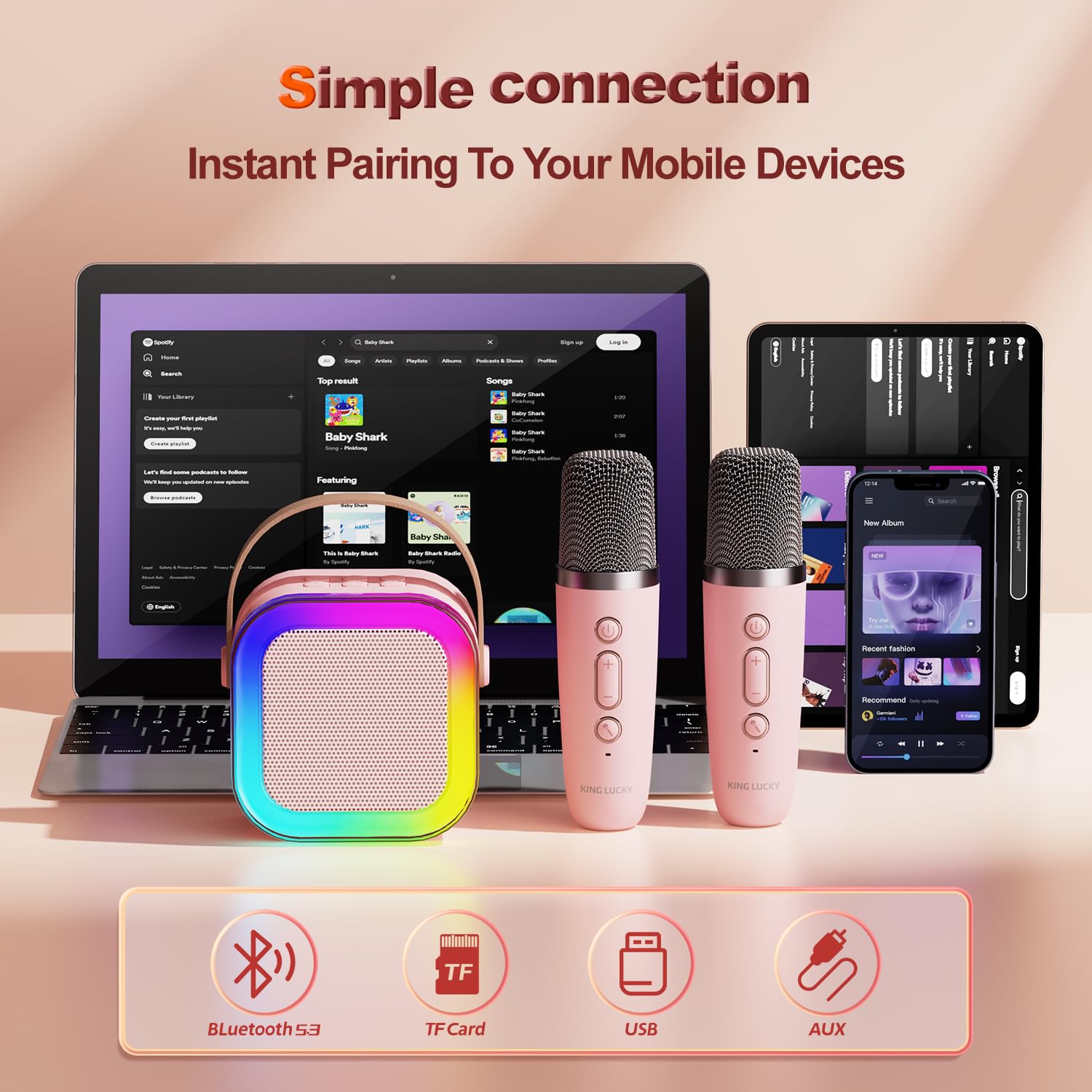Kinglucky Mini Karaoke Machine for Kids, 2025 TOP Birthday Gifts Ideas for 3-12 Year Old Girls, Christmas Party Gifts Kids' Personal Video Players Accessories with 2 Wireless Microphones - Pink