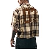 GORGLITTER Men's Gingham Cropped Shirt Button Up Number Graphic Boxy Short Sleeve Vacation Crop Tee Tops Streetwear