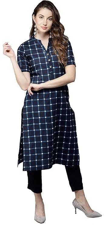 Women's Cotton Printed Checked Straight Kurti
