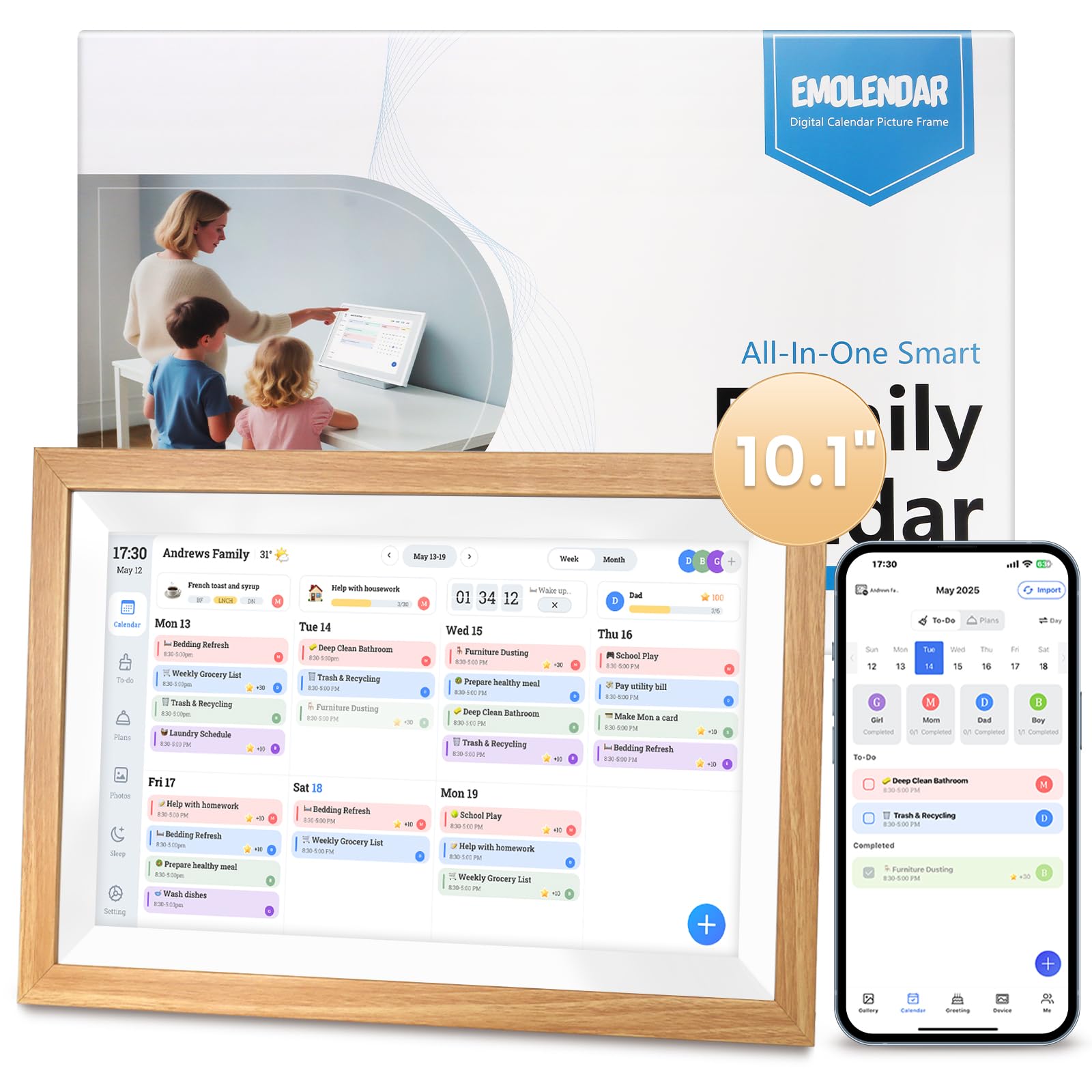 Photo 1 of EMOLENDAR Digital Calendar,10.1 Inch Smart Wifi Electronic Calendar with Wooden Frame, Full HD Interactive Touchscreen Display Picture Frame Calendar for Family Schedules Planner Organizing-Wall & Desk Mountable