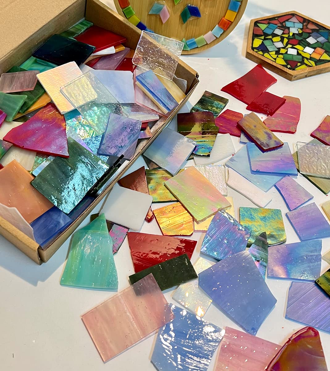 Lanyani Iridescent Stained Glass Pieces for Crafts and Decoration,Variety Irregular Broken Stained Glass Mosaic Tile Scraps,1Kg/35oz Pack