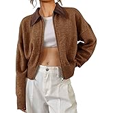 Saodimallsu Womens Zip Up Barn Jacket Cropped Faux Leather Collared Open Front Long Sleeve Fall Cardigan Sweaters